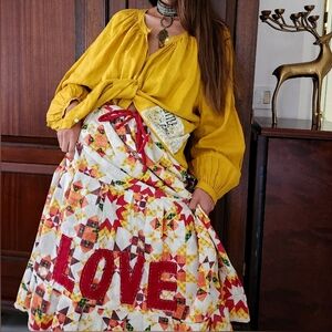 LOVE Applique Maxi Skirt Upcycle Patching Vintage Quiltwork Print hand-stitching